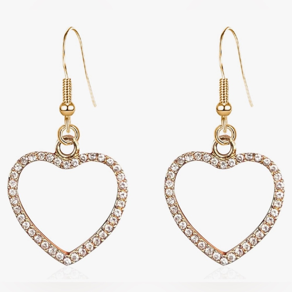 Crystal Rhinestones Love Heart Dangle Earrings  Never Worn, NWOT